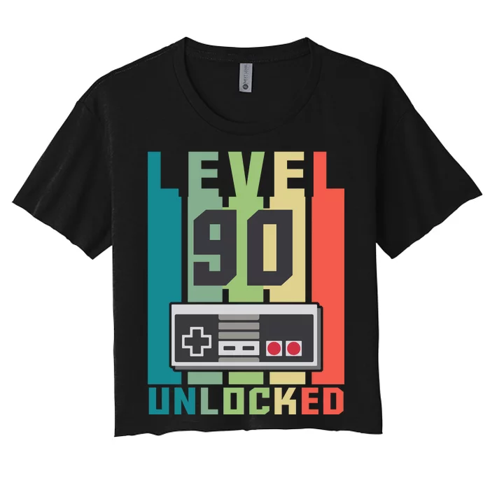 Level 90 Unlocked Funny Retro Gamer Birthday Women's Crop Top Tee