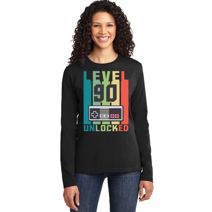 Level 90 Unlocked Funny Retro Gamer Birthday Ladies Long Sleeve Shirt