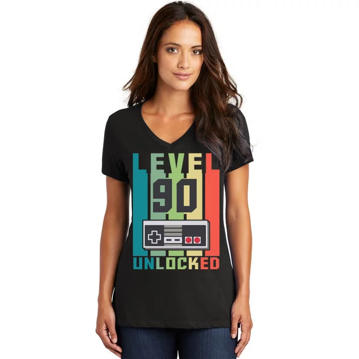 Level 90 Unlocked Funny Retro Gamer Birthday Women's V-Neck T-Shirt