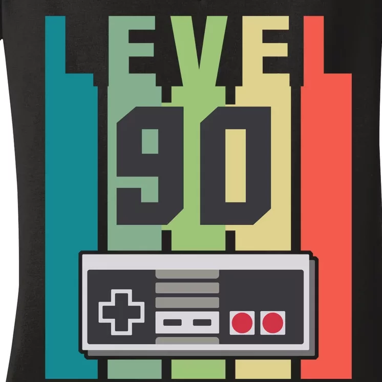 Level 90 Unlocked Funny Retro Gamer Birthday Women's V-Neck T-Shirt