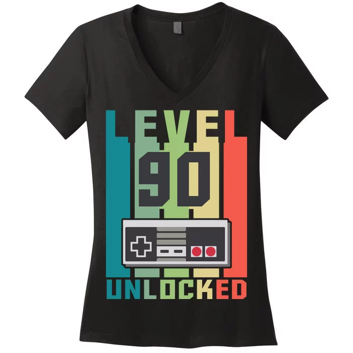 Level 90 Unlocked Funny Retro Gamer Birthday Women's V-Neck T-Shirt