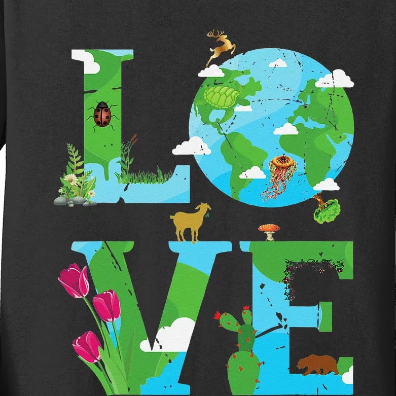 Love Earth World Planet Day Environmental Animal Kids Long Sleeve Shirt