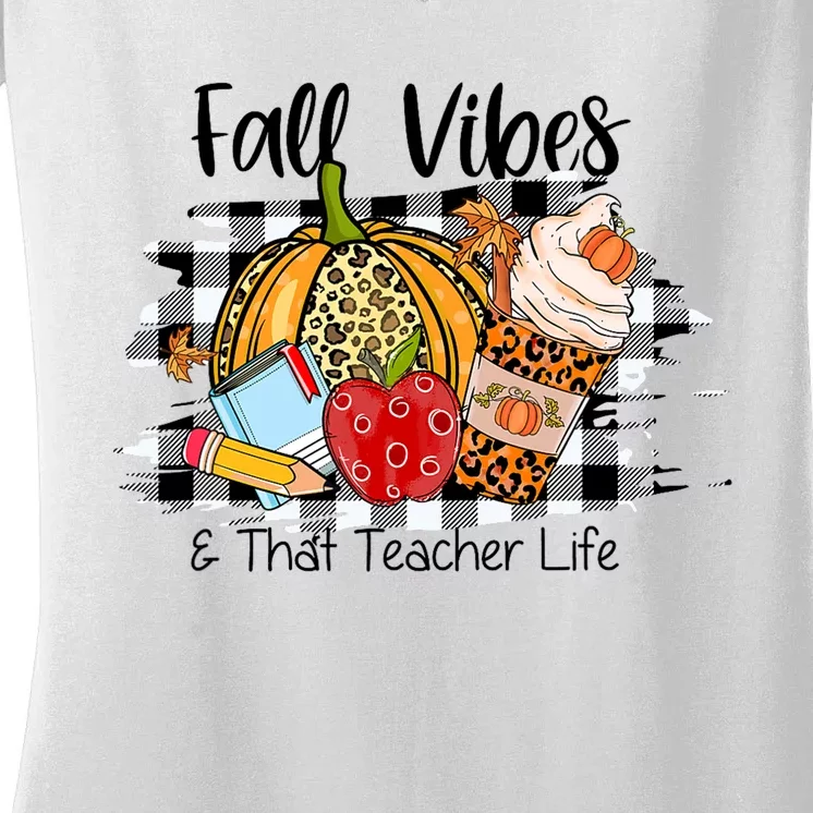 Leopard Fall Autumn Vibes Thankful Teacher Life Thanksgiving Women's V-Neck T-Shirt