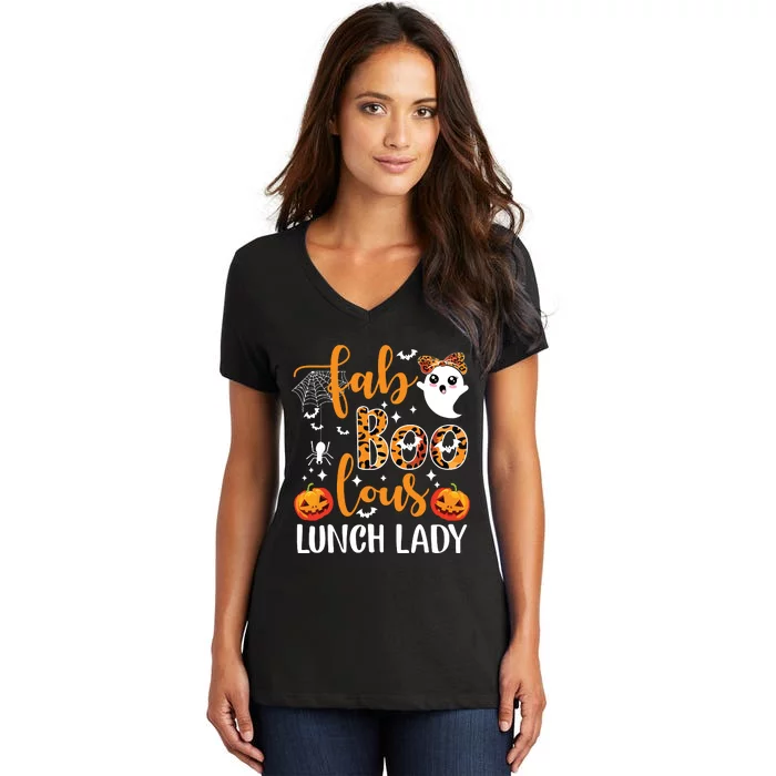 Leopard Fab Boo Lous Lunch Lady Team Teacher Halloween Women's V-Neck T-Shirt