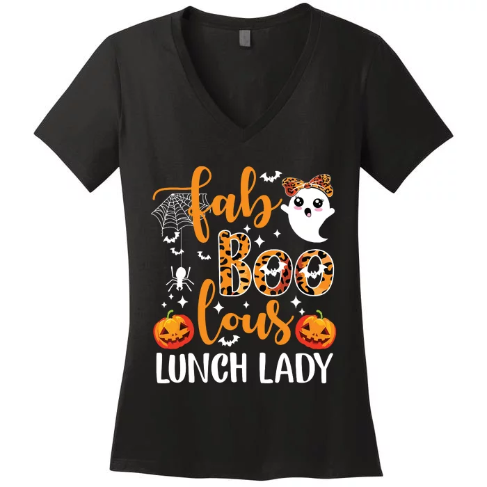 Leopard Fab Boo Lous Lunch Lady Team Teacher Halloween Women's V-Neck T-Shirt