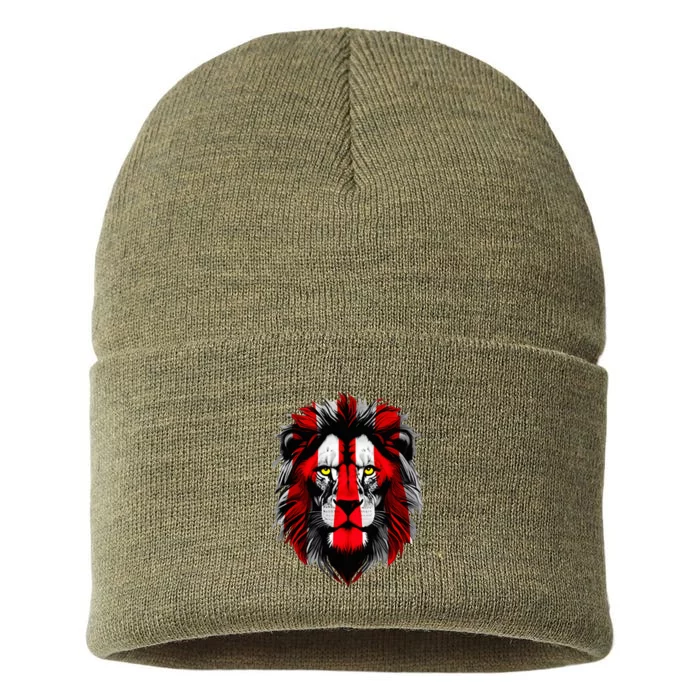 Lion face Bilbao football fan red and white Sustainable Knit Beanie