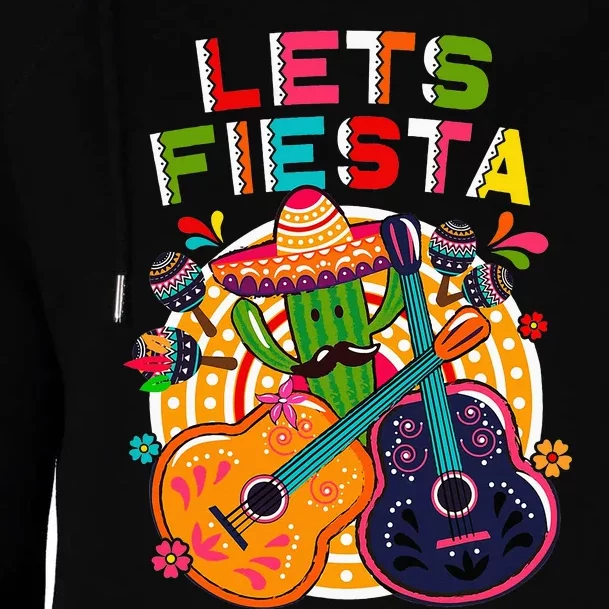 Lets Fiesta Cinco De Mayo with Guitar Cactus Sombrero Maraca Womens Funnel Neck Pullover Hood