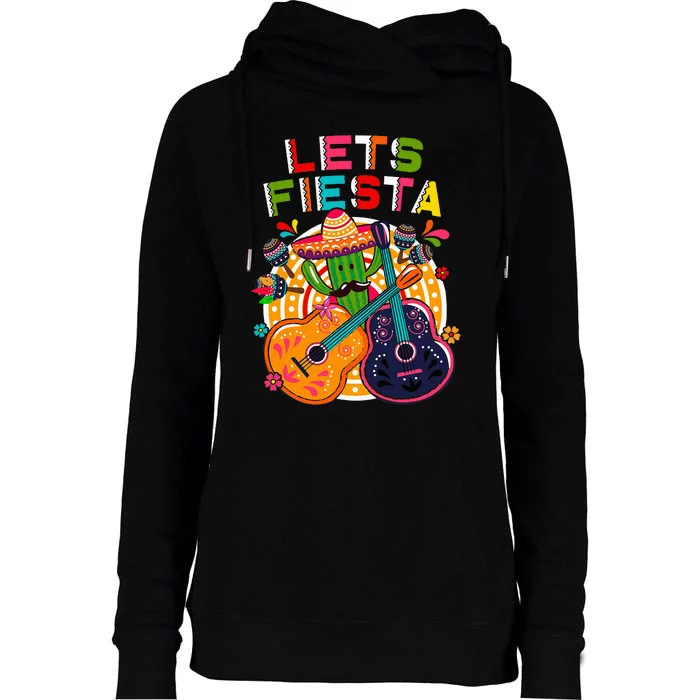 Lets Fiesta Cinco De Mayo with Guitar Cactus Sombrero Maraca Womens Funnel Neck Pullover Hood