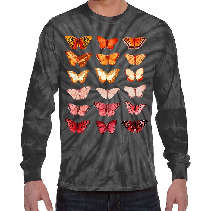 Lesbian Flag Color Butterfly Subtle Sapphic Pride Aesthetic Tie-Dye Long Sleeve Shirt