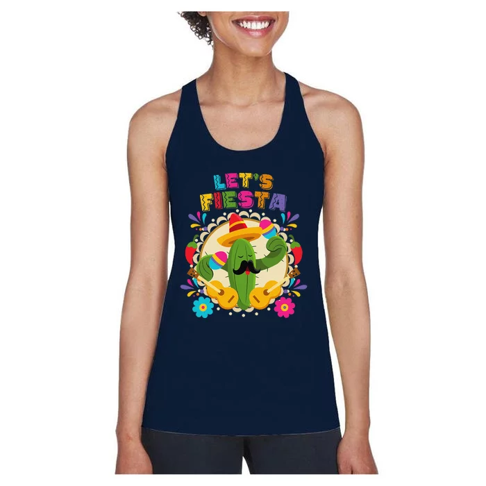 Lets Fiesta Cinco De Mayo With Guitar Cactus Sombrero Maraca Women's Racerback Tank