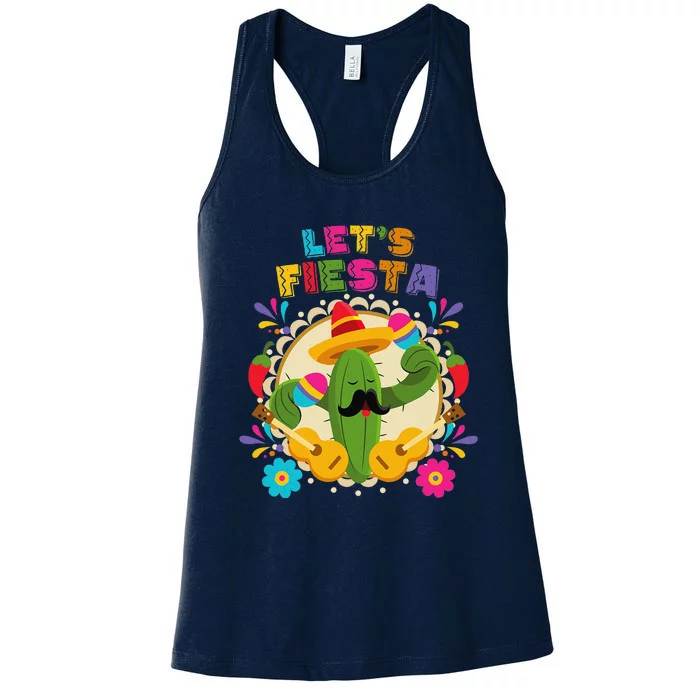 Lets Fiesta Cinco De Mayo With Guitar Cactus Sombrero Maraca Women's Racerback Tank