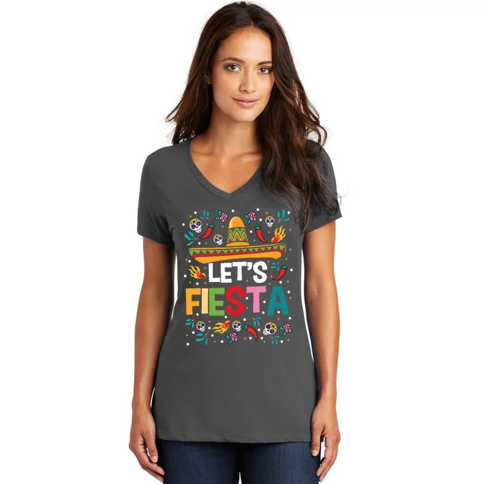 Lets Fiesta Cinco De Mayo Mexican Theme Party Guitar Lover Women's V-Neck T-Shirt