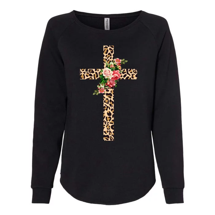 Leopard Flower Cross Womens California Wash Sweatshirt