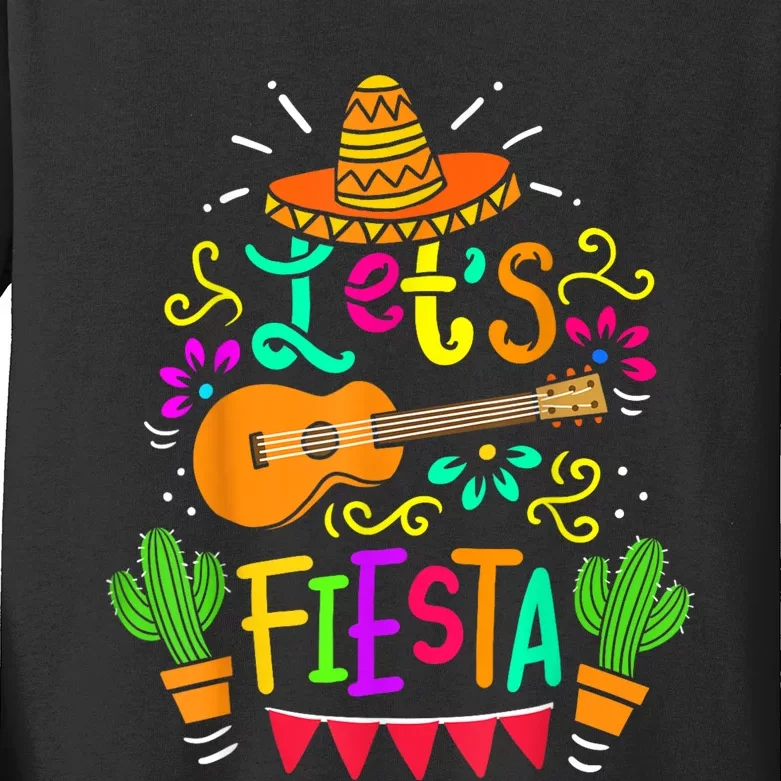 Lets Fiesta Cinco De Mayo Mexican Guitar Cactus Kids Long Sleeve Shirt