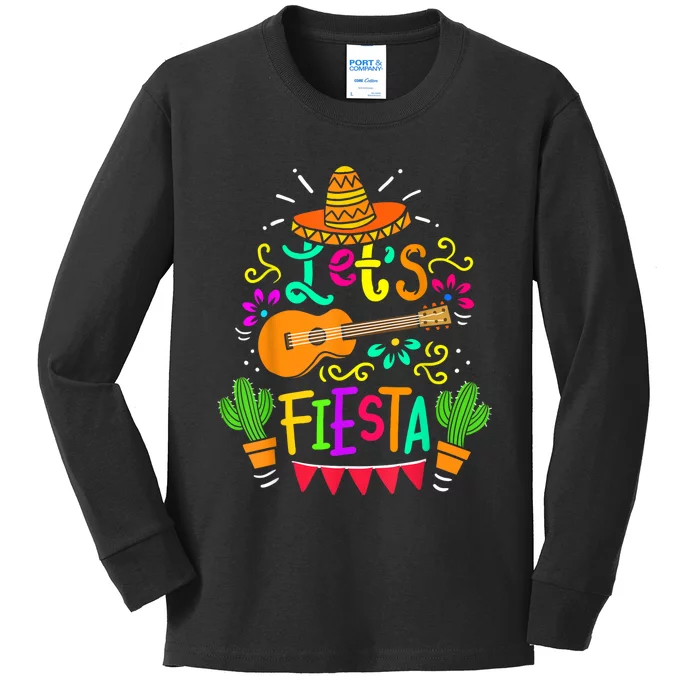 Lets Fiesta Cinco De Mayo Mexican Guitar Cactus Kids Long Sleeve Shirt