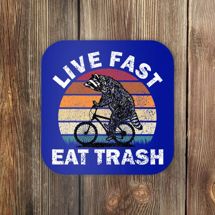 Live Fast Eat Trash Raccoon On Bike Vintage Camping Coaster