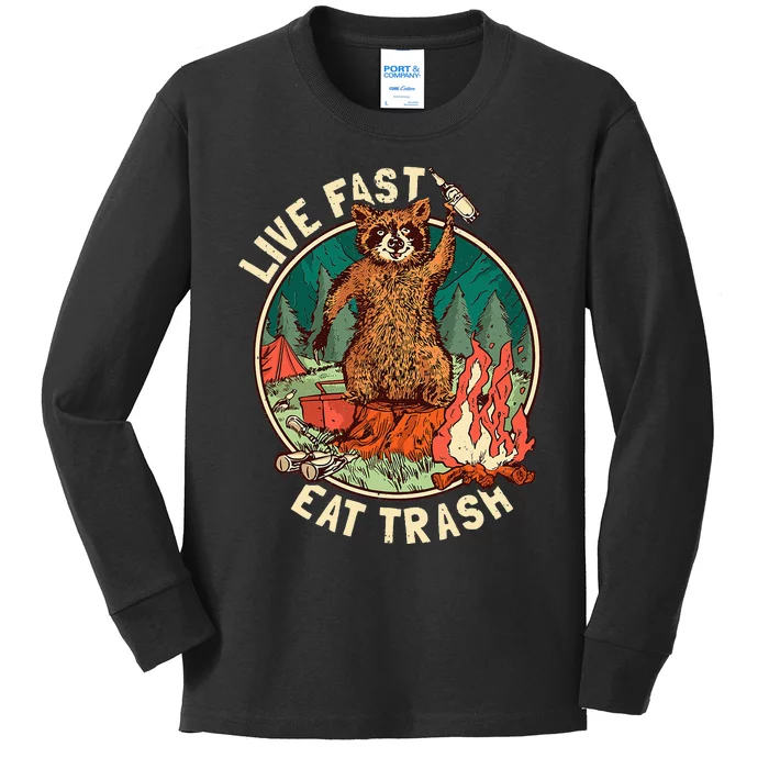 Live Fast Eat Trash Raccoon Camping and Hiking Kids Long Sleeve Shirt