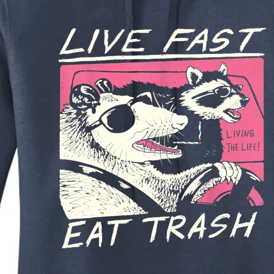 Live Fast Eat Trash And Get Hit By A Car Sunset Raccoon Women's Pullover Hoodie