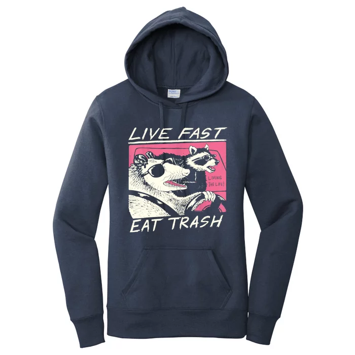 Live Fast Eat Trash And Get Hit By A Car Sunset Raccoon Women's Pullover Hoodie