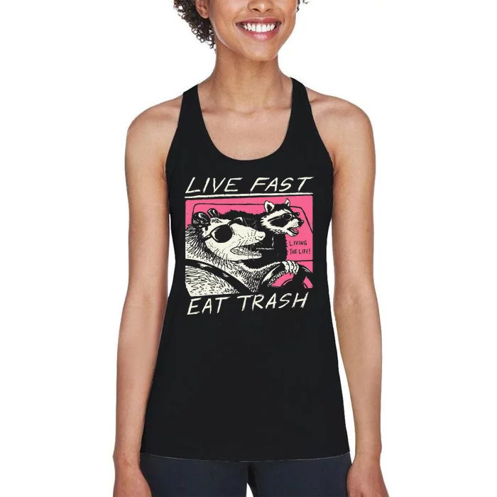 Live Fast Eat Trash And Get Hit By A Car Sunset Raccoon Women's Racerback Tank