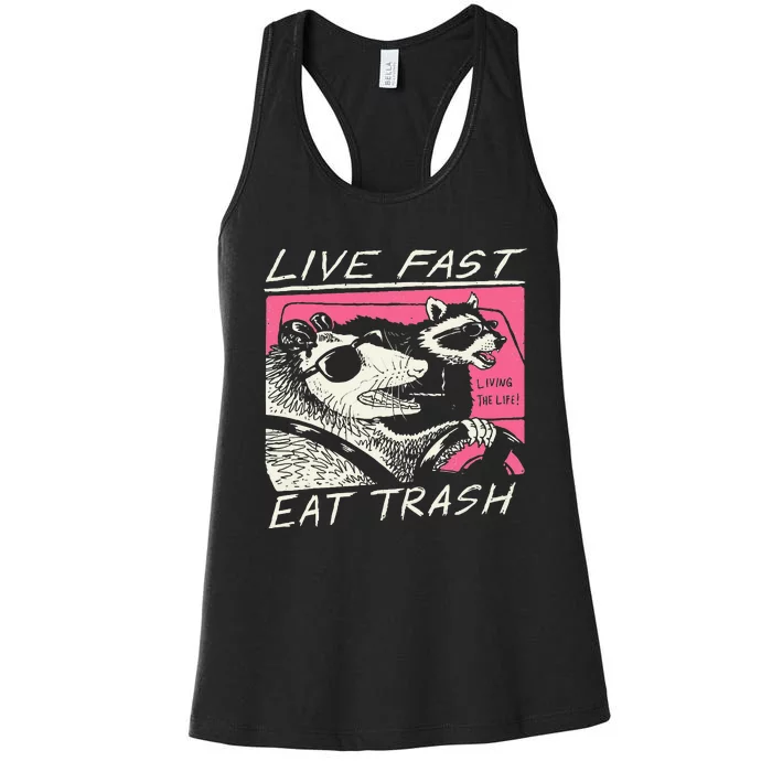 Live Fast Eat Trash And Get Hit By A Car Sunset Raccoon Women's Racerback Tank