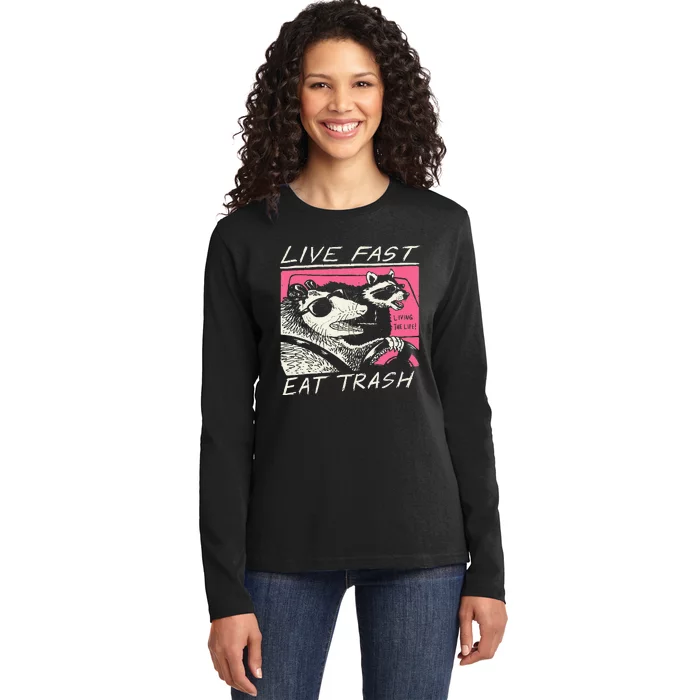 Live Fast Eat Trash And Get Hit By A Car Sunset Raccoon Ladies Long Sleeve Shirt