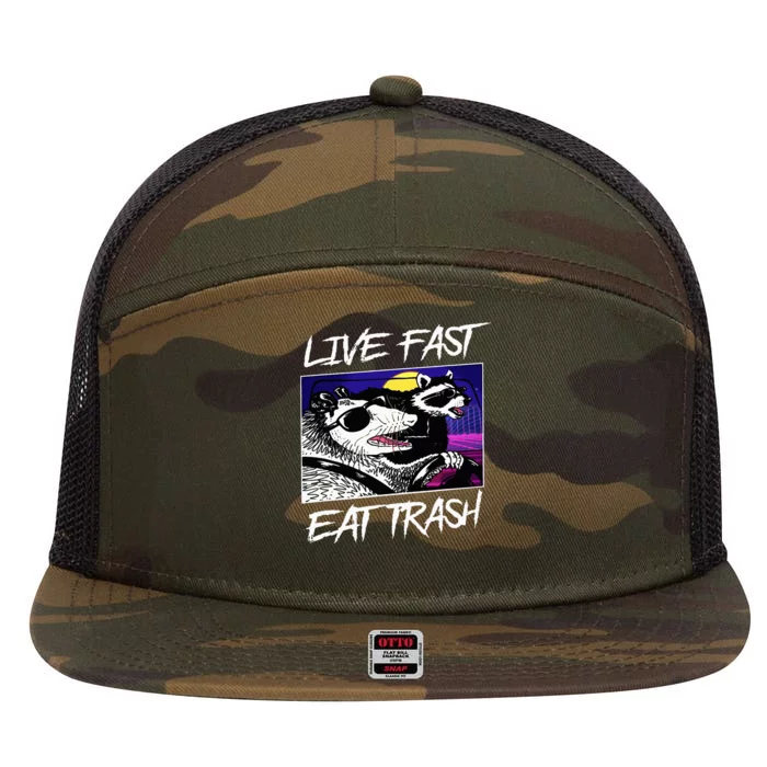 Live Fast Eat Trash Panda Raccoon Opossum Enthusiasts 7 Panel Mesh Trucker Snapback Hat