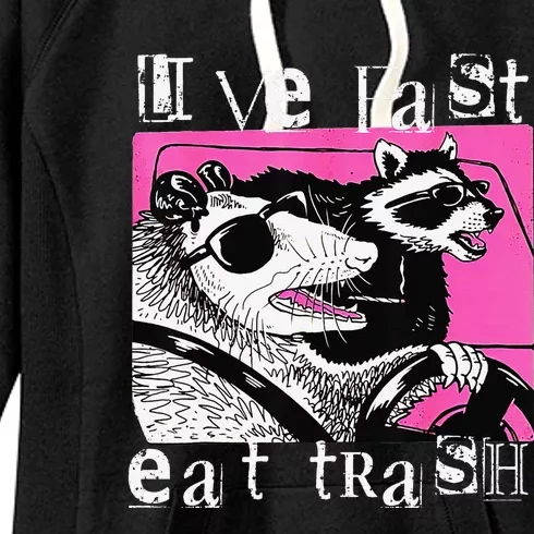 Live Fast Eat Trash Tee Funny Possum Racoon Retro Sunglasses Women's Fleece Hoodie