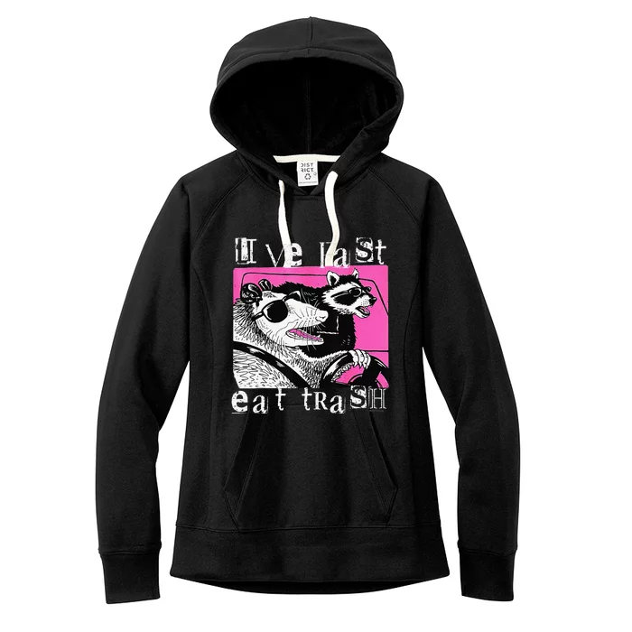 Live Fast Eat Trash Tee Funny Possum Racoon Retro Sunglasses Women's Fleece Hoodie