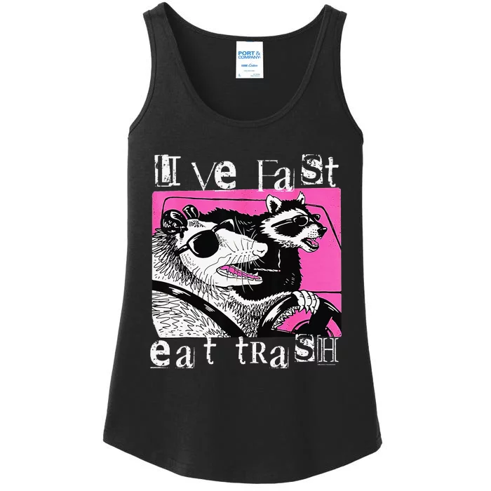 Live Fast Eat Trash Tee Funny Possum Racoon Retro Sunglasses Ladies Essential Tank