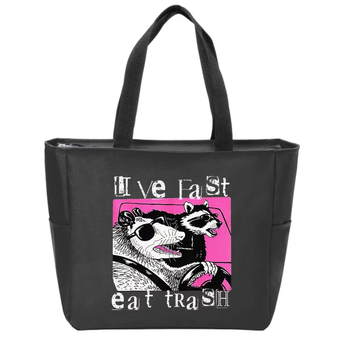 Live Fast Eat Trash Tee Funny Possum Racoon Retro Sunglasses Zip Tote Bag