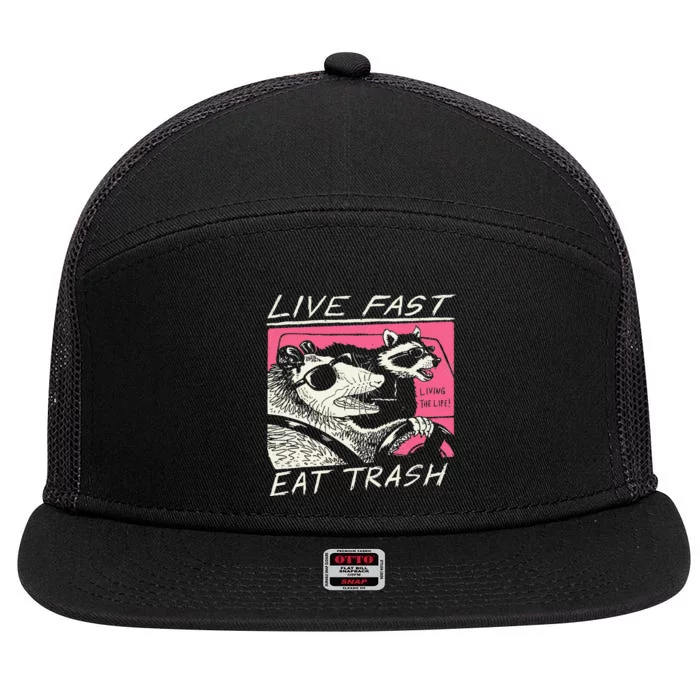 Live Fast Eat Trash And Get Hit By A Car Sunset Raccoon 7 Panel Mesh Trucker Snapback Hat