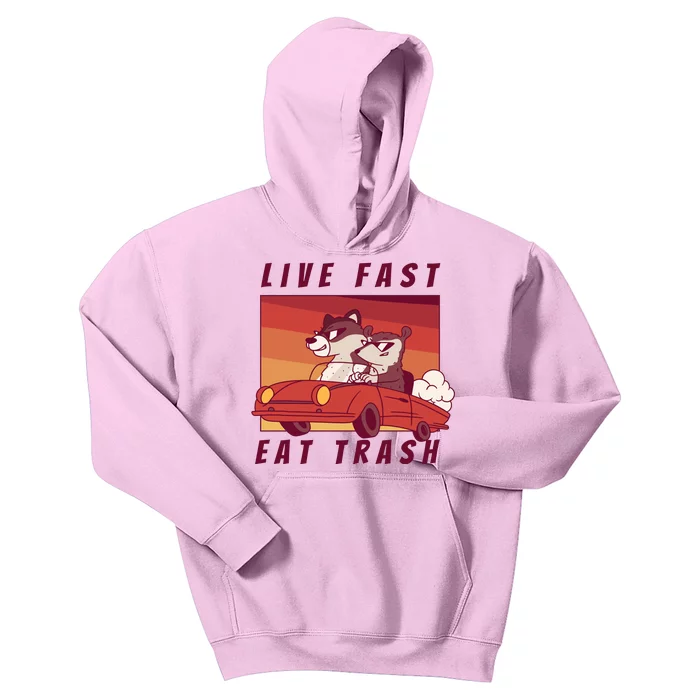 Live Fast Eat Trash Race Car Funny Raccoon Kids Hoodie