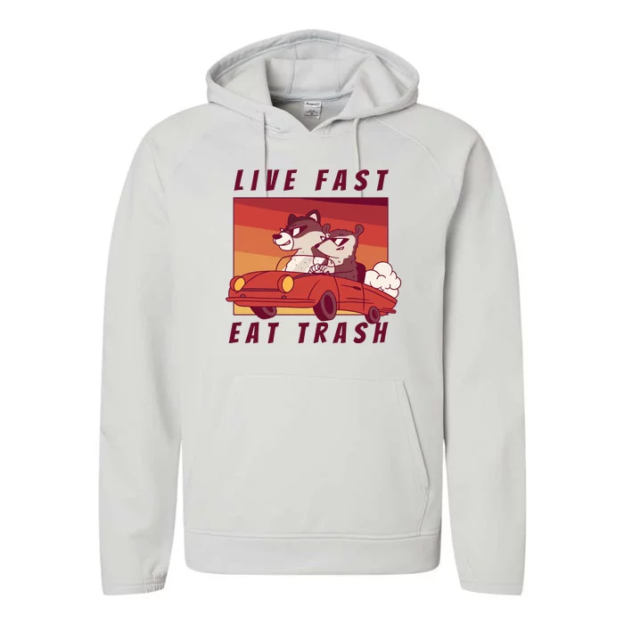 Live Fast Eat Trash Race Car Funny Raccoon Performance Fleece Hoodie