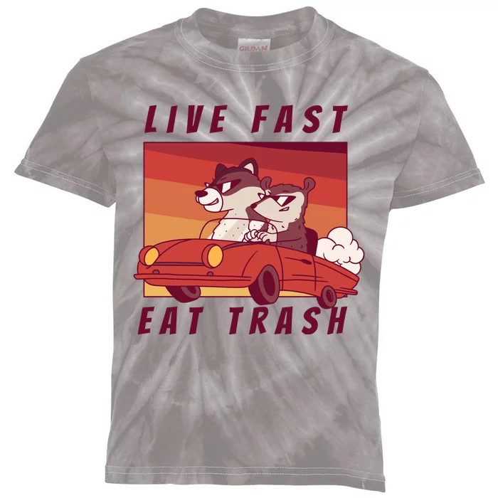 Live Fast Eat Trash Race Car Funny Raccoon Kids Tie-Dye T-Shirt