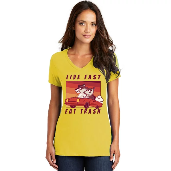 Live Fast Eat Trash Race Car Funny Raccoon Women's V-Neck T-Shirt