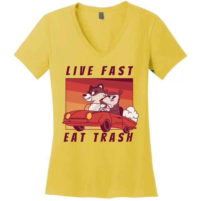 Live Fast Eat Trash Race Car Funny Raccoon Women's V-Neck T-Shirt