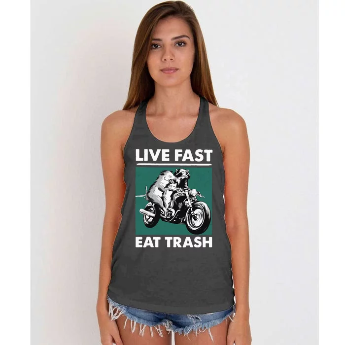 Live Fast Eat Trash Raccoon Opossum Motorcycle Women's Knotted Racerback Tank