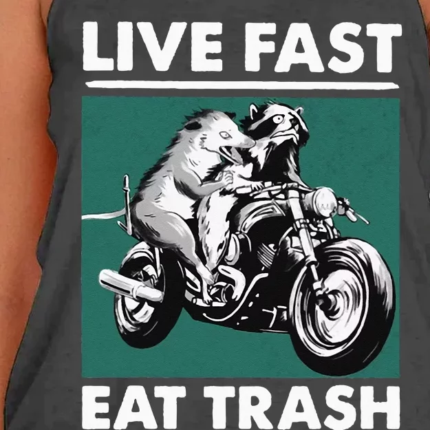 Live Fast Eat Trash Raccoon Opossum Motorcycle Women's Knotted Racerback Tank