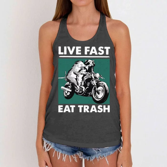 Live Fast Eat Trash Raccoon Opossum Motorcycle Women's Knotted Racerback Tank