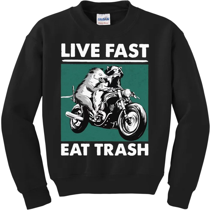 Live Fast Eat Trash Raccoon Opossum Motorcycle Kids Sweatshirt