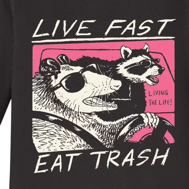 Live Fast Eat Trash And Get Hit By A Car Sunset Raccoon Baby Long Sleeve Bodysuit