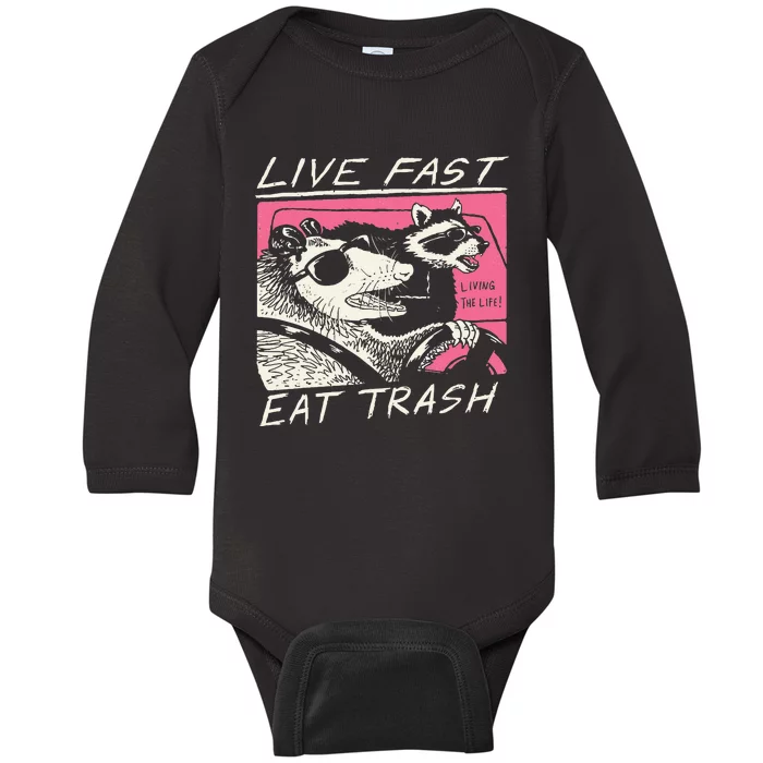 Live Fast Eat Trash And Get Hit By A Car Sunset Raccoon Baby Long Sleeve Bodysuit