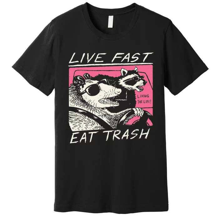 Live Fast Eat Trash And Get Hit By A Car Sunset Raccoon Premium T-Shirt