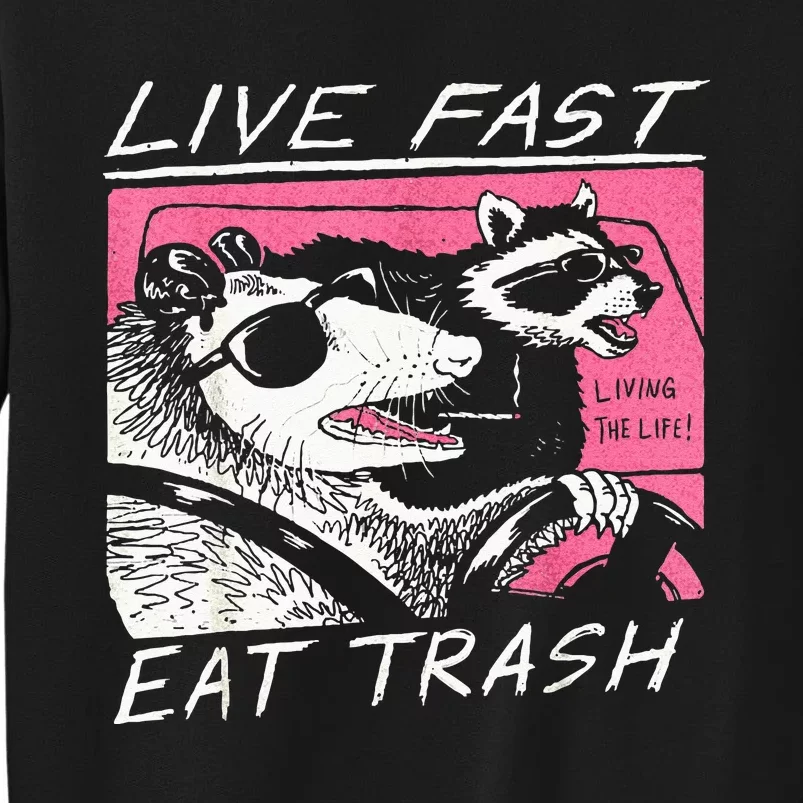 Live Fast Eat Trash And Get Hit By A Car Sunset Raccoon Tall Sweatshirt