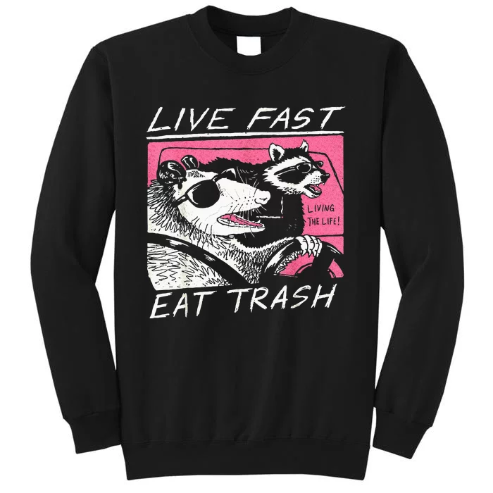 Live Fast Eat Trash And Get Hit By A Car Sunset Raccoon Tall Sweatshirt