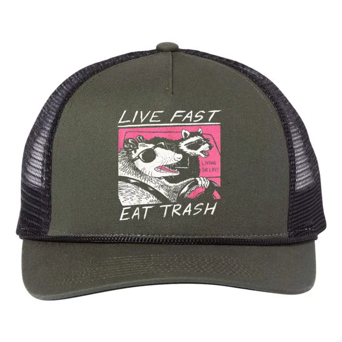 Live Fast Eat Trash And Get Hit By A Car Sunset Raccoon Retro Rope Trucker Hat Cap