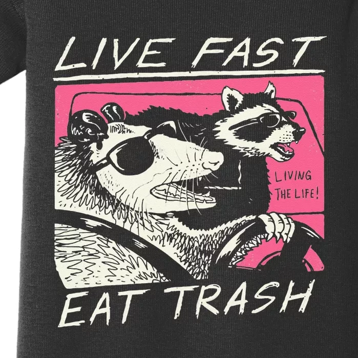 Live Fast Eat Trash And Get Hit By A Car Sunset Raccoon Baby Bodysuit