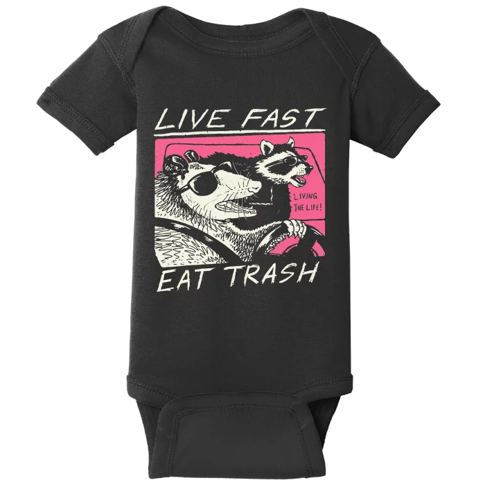 Live Fast Eat Trash And Get Hit By A Car Sunset Raccoon Baby Bodysuit