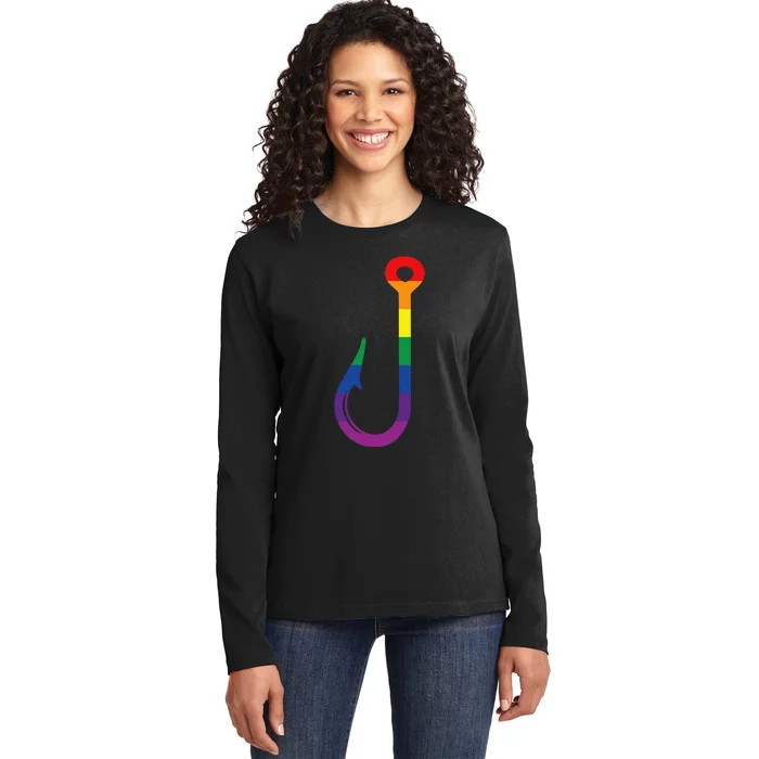 Lgbt Flag Fishing Hook Gay Angler Queer Pride Rainbow Ladies Long Sleeve Shirt